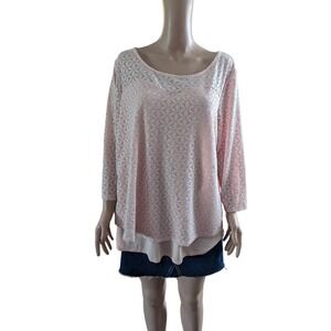 NEW Roz & Ali Size 2X PINK Lace Open Knit Layered Rayon Fly Back Blouse Stretch